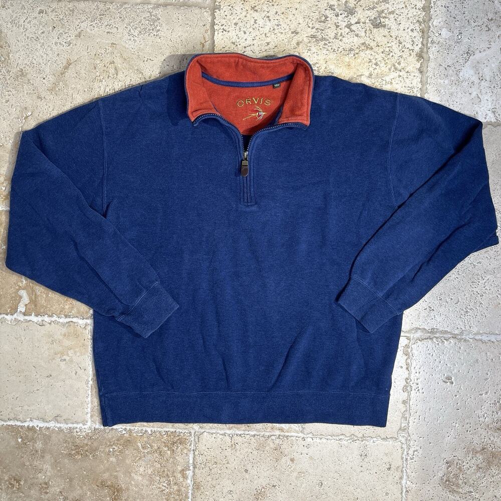 Orvis Signature 1/4 Zip Lined Pullover Sweater Outdoor Mens Large Blue